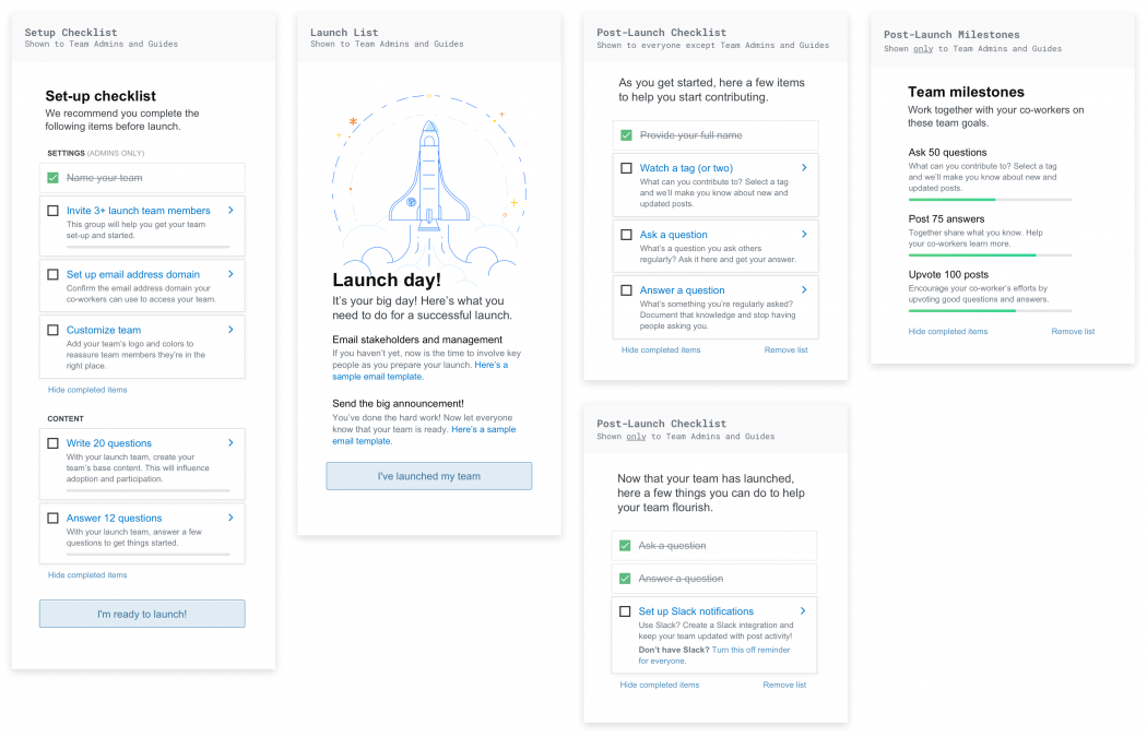 The various sidebar guides that we present to users during the onboarding workflow.