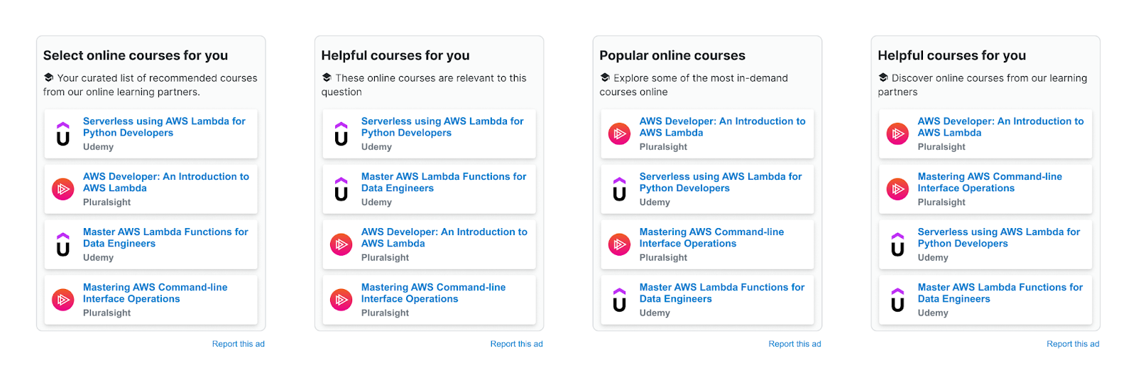 Screenshots of various ways that the online course recommendations will display in the sidebar. 