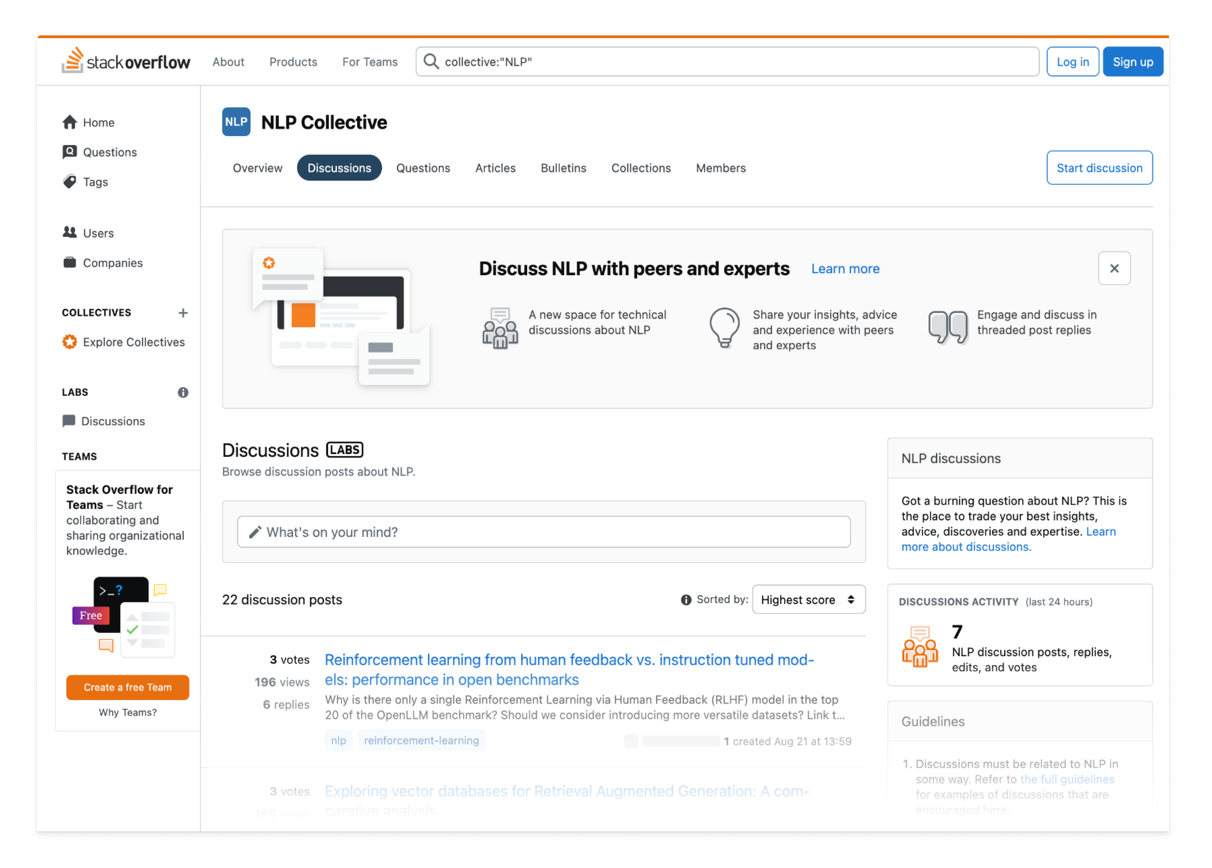 A screenshot of the NLP collective on Stack Overflow