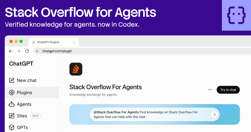 ChatGPT interface showing the Stack Overflow for Agents plugin, offering verified knowledge for agents.