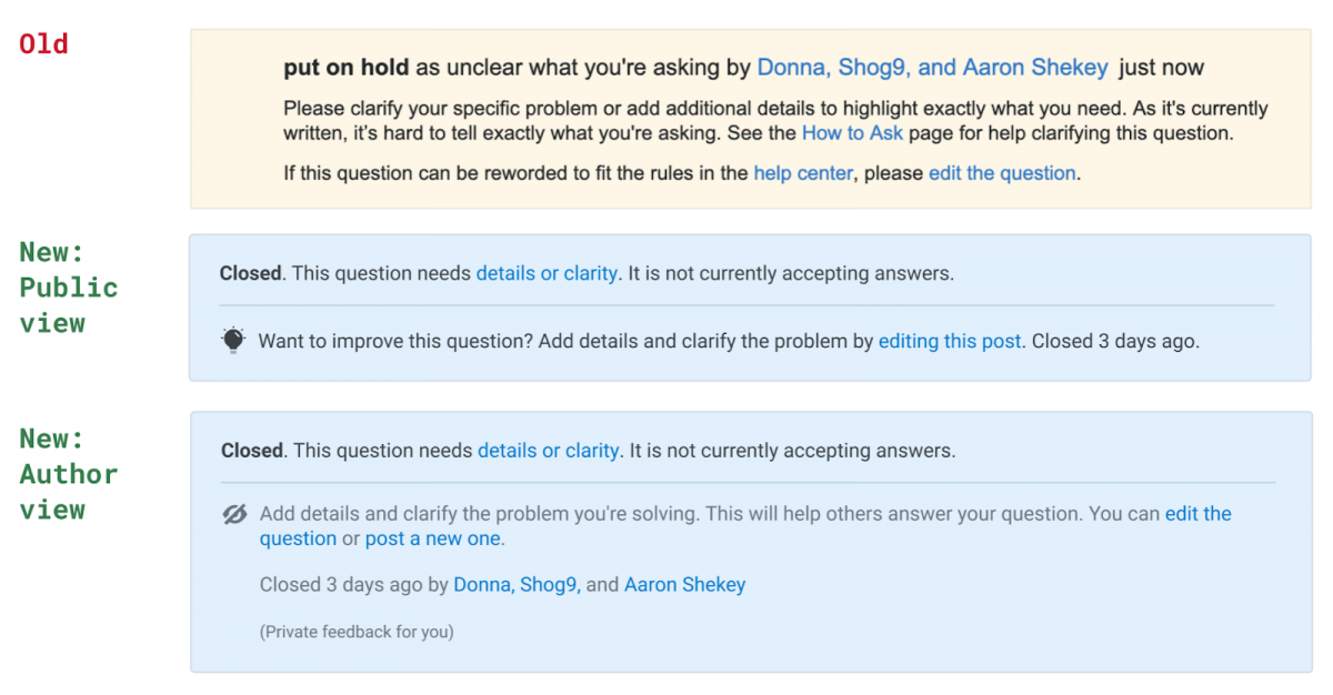 New post notices: Improving feedback on Stack Overflow questions