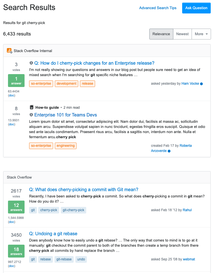 Search results on Stack Overflow for Teams shows two separate sections of results, one for the internal Teams answers, and one for public Stack Overflow answers. 