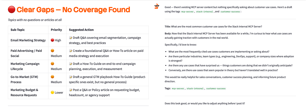 Two screenshots of Phoebe's leaderboard cracking agent, one that's recommendations for covering gaps in Stack Internal and another that is a draft of a question about use cases for Stack internal's MCP server.