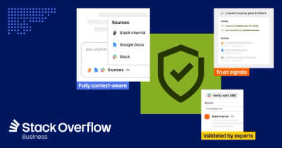 Stack Overflow Business interface demonstrating knowledge sourced from multiple platforms, enhanced with trust signals and expert validation.