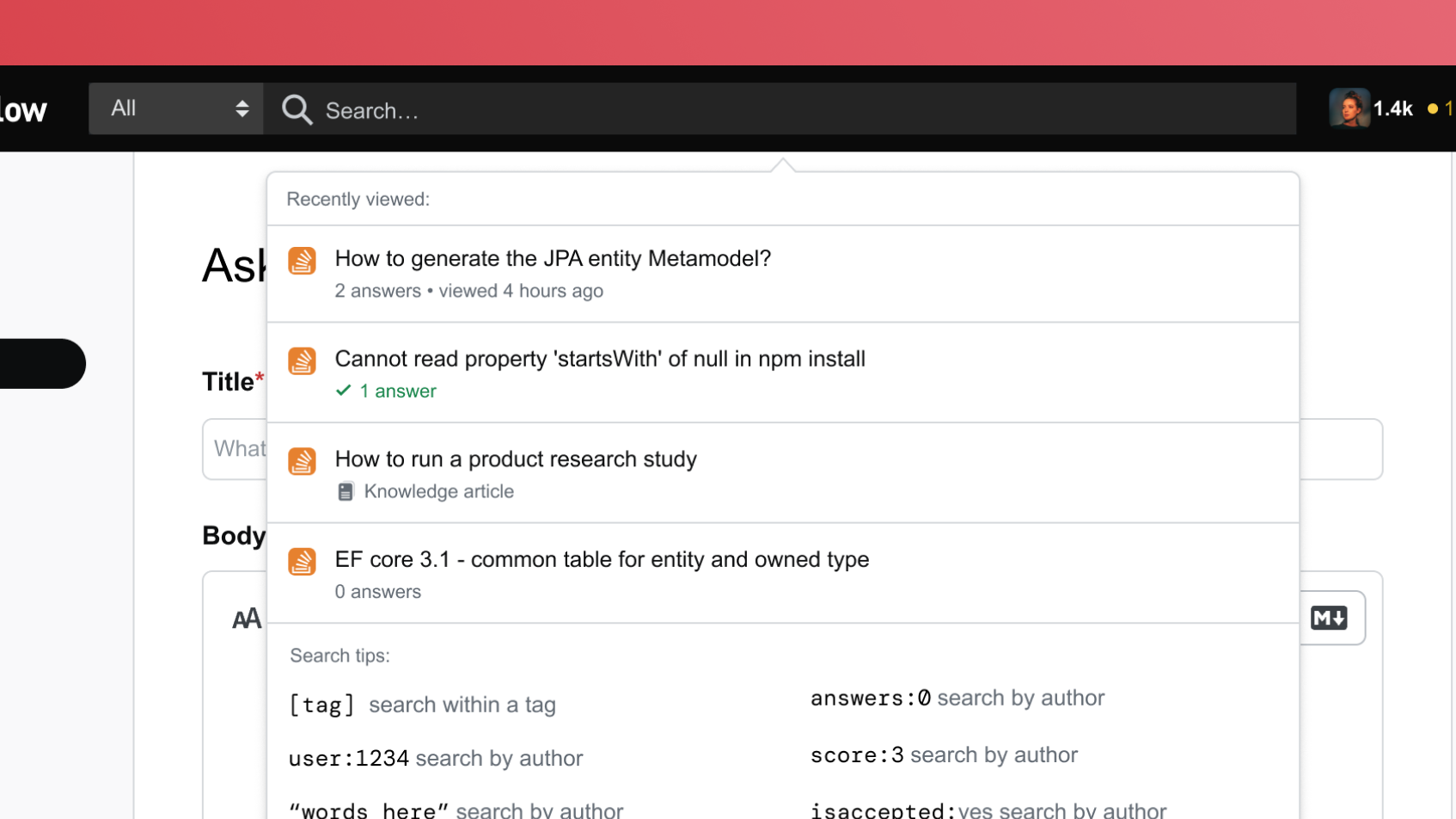 A screenshot of the "Recently viewed" dropdown within the Stack Overflow search interface. he interface includes a search bar and user profile area at the top, with a red-themed background.
