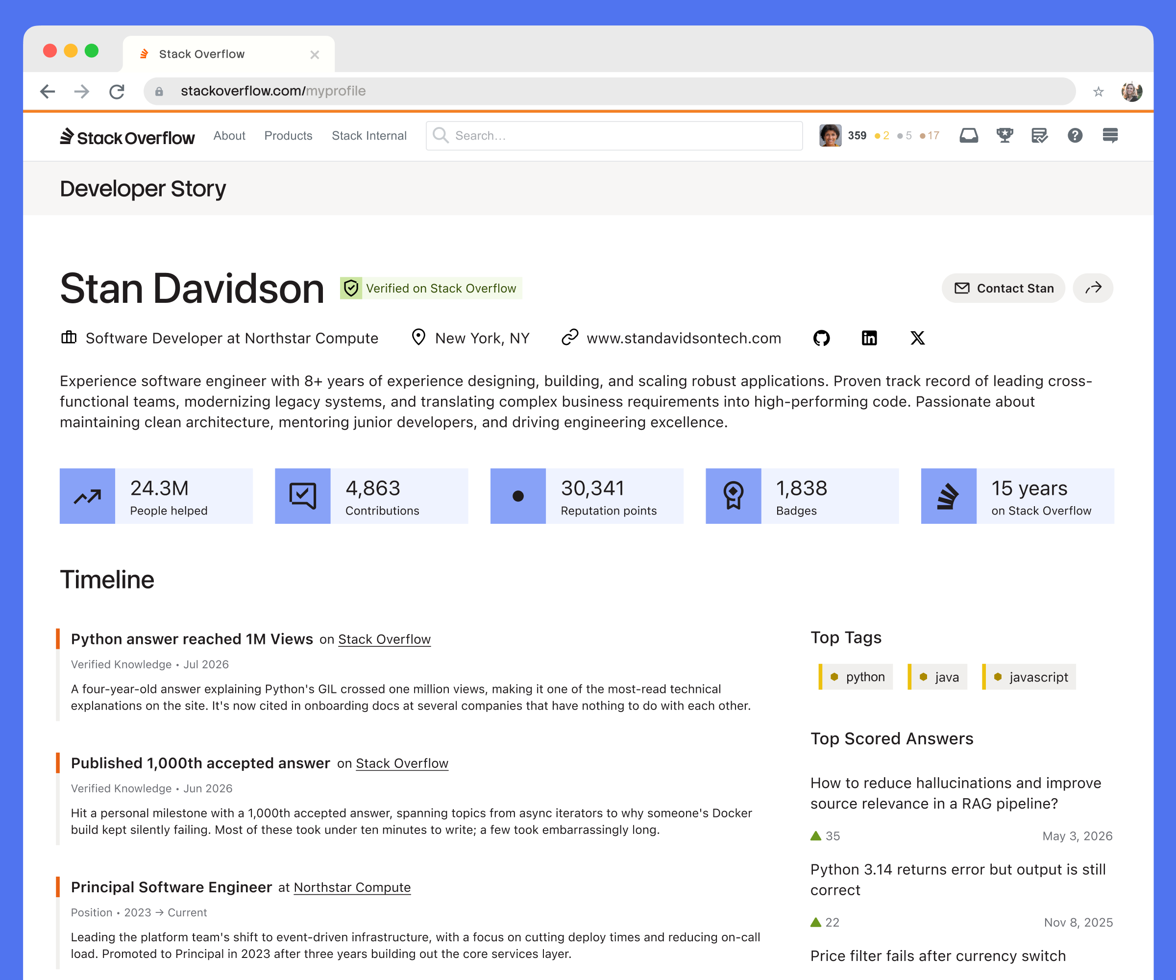 Stack Overflow developer profile page for Stan Davidson, showing 24.3M people helped, 30K+ reputation, and a timeline of achievements.