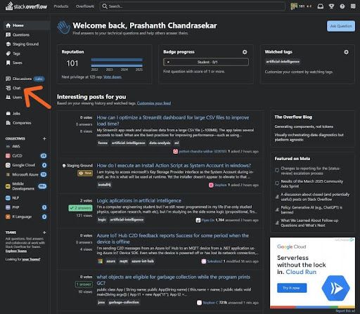 An image showing the Chat link available on the left-hand navigation area on Stack Overflow dot com.