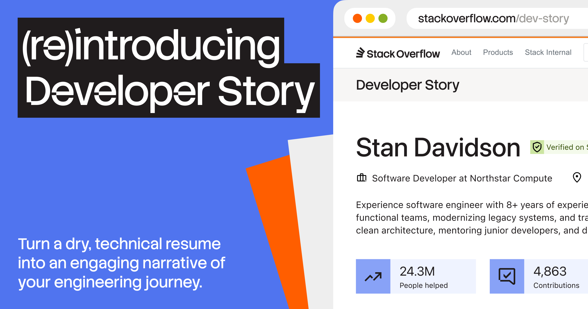 Stack Overflow graphic: "(re)introducing Developer Story" headline, text about turning technical resumes into engaging narratives, and a partial example developer profile.