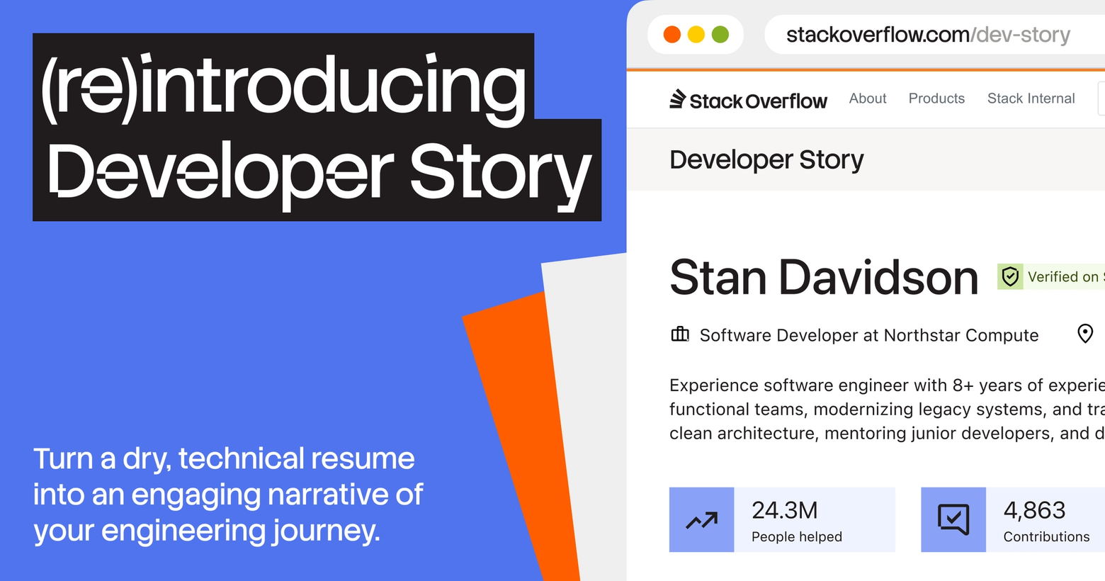 Stack Overflow graphic: "(re)introducing Developer Story" headline, text about turning technical resumes into engaging narratives, and a partial example developer profile.