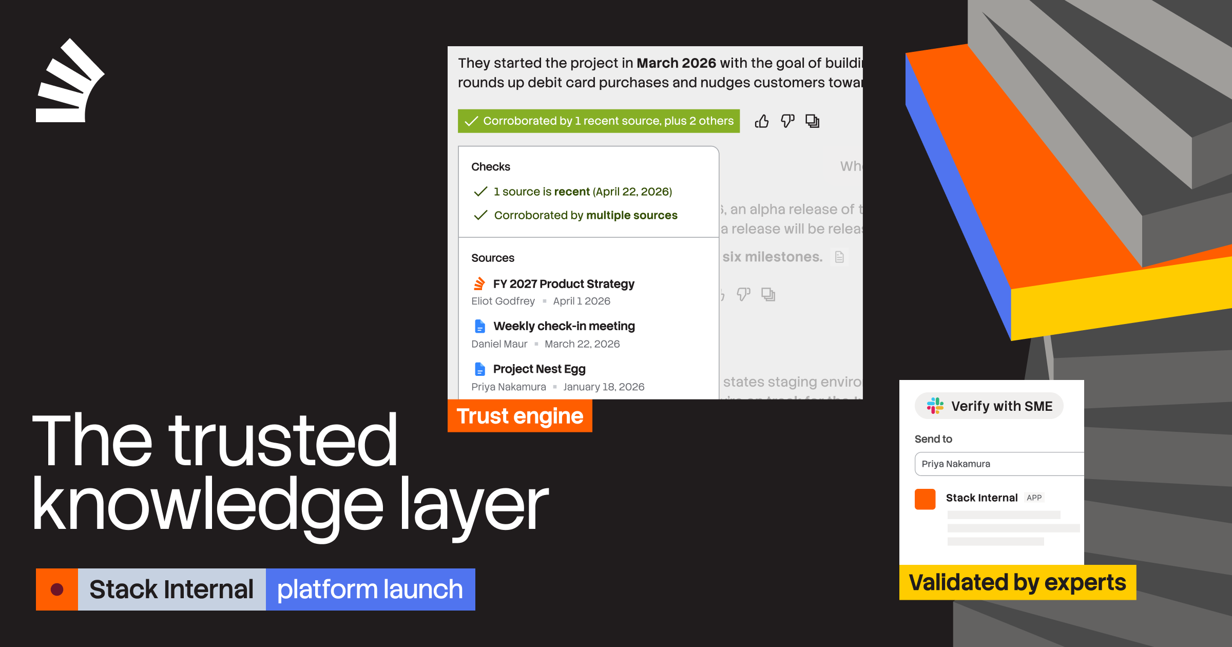 Text "The trusted knowledge layer" beside UI elements demonstrating source corroboration and expert validation, labeled "Trust engine" and "Validated by experts."
