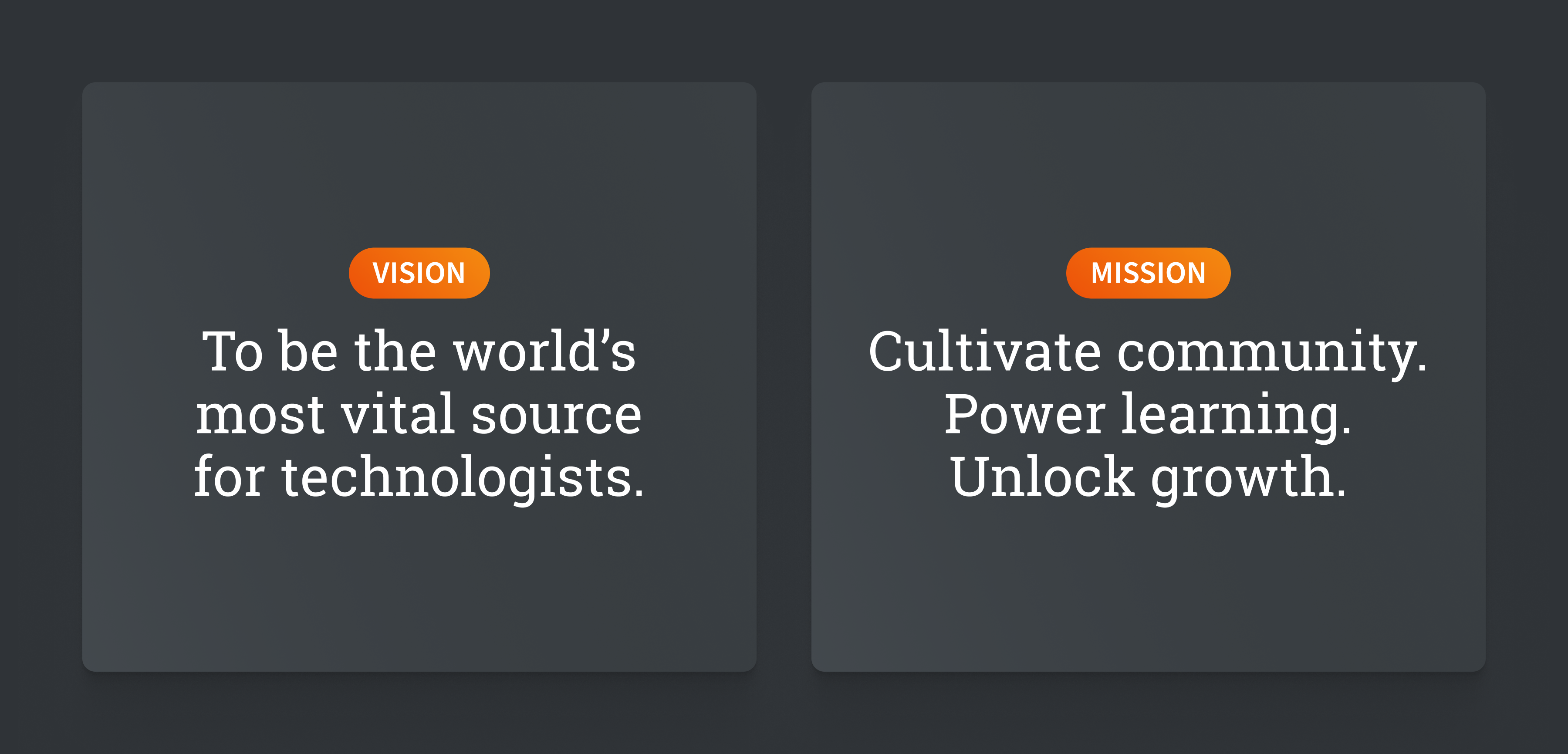 Vision: To be the world’s
most vital source
for technologists. Mission: Cultivate community. Power learning. Unlock growth.