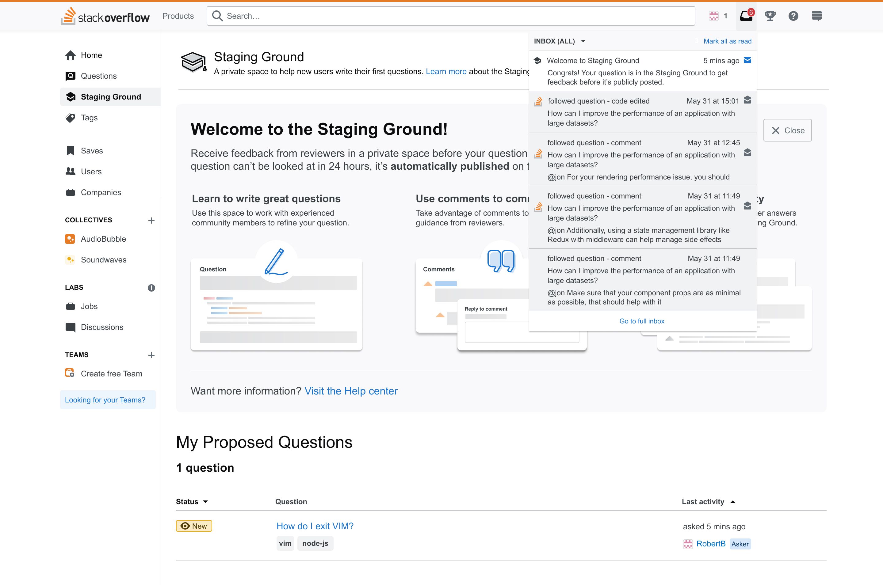 A screenshot of the Staging Ground home page on Stack Overflow displaying the Staging Ground icon on the left sidebar and Staging Ground inbox notifications.