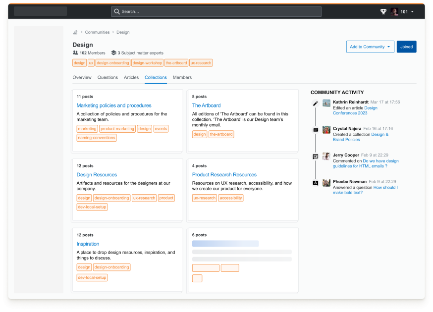 Screenshot of subject matter expert activity inside a community