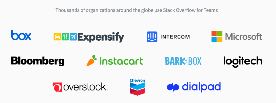 Logos for some of the companies that use Stack Overflow for Teams: Box, Expensify, Intercom, Microsoft, Bloomberg, Instacart, Bark Box, Logitech, Overstock, Chevron, and Dialpad.