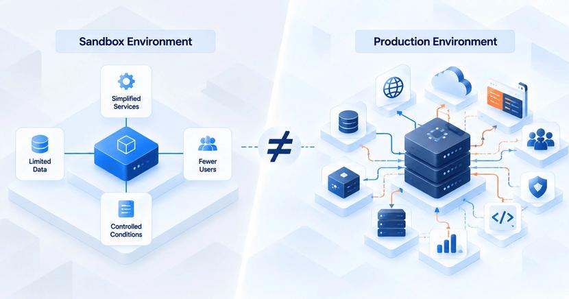 An infographic comparing a "Sandbox Environment" (limited data, users, and simplified services) to a "Production Environment" (complex, interconnected services, data, and users), separated by a "not equal" sign.
