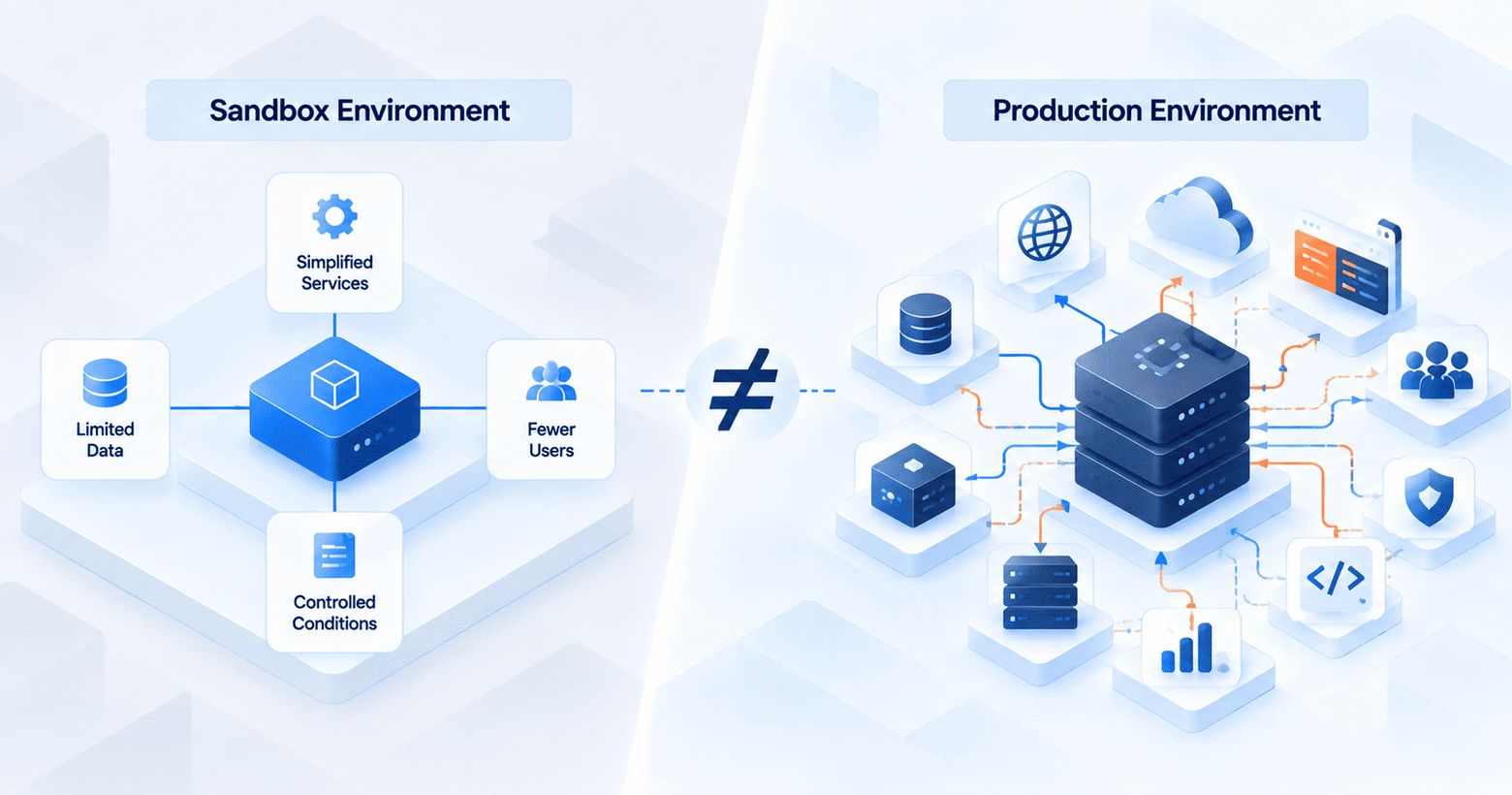 An infographic comparing a "Sandbox Environment" (limited data, users, and simplified services) to a "Production Environment" (complex, interconnected services, data, and users), separated by a "not equal" sign.