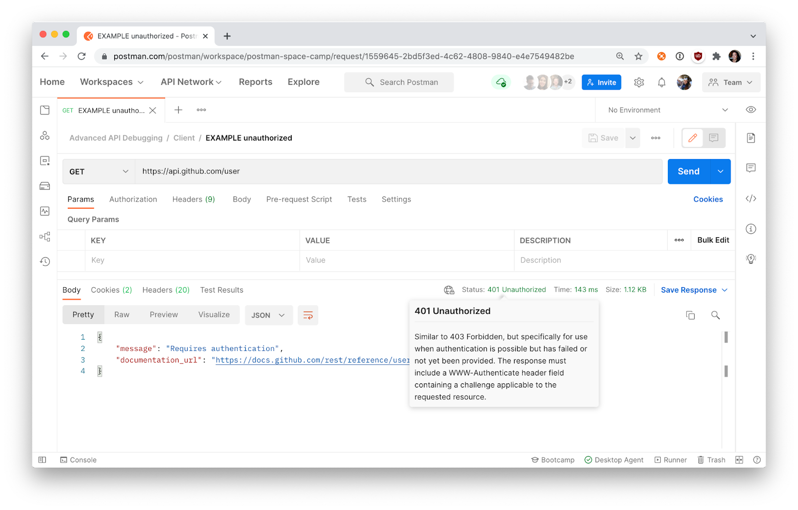 The Postman interface showing a 401 Unauthorized error response from an API call. 