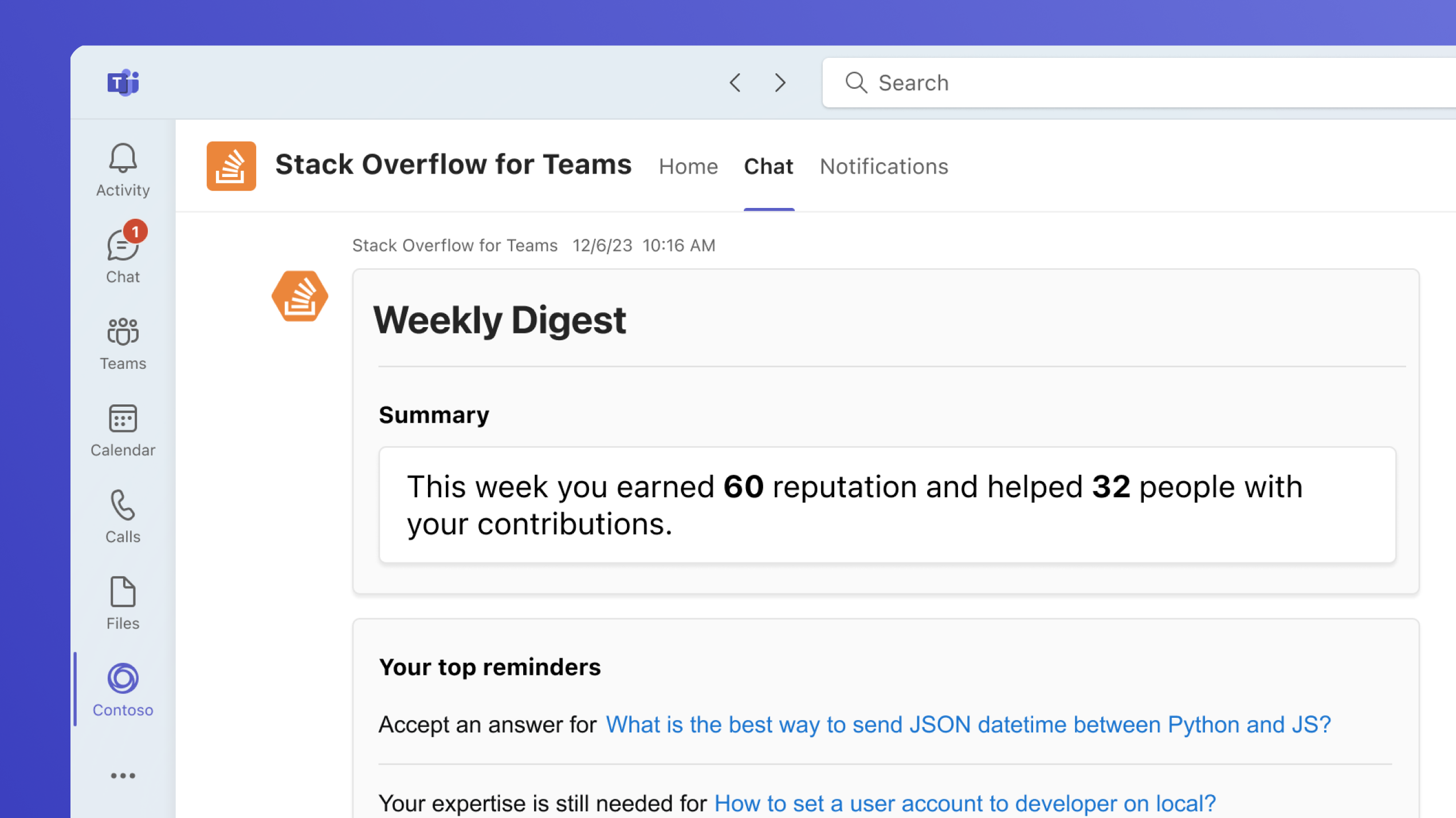 A screenshot of the Stack Overflow for Teams integration within Microsoft Teams, displaying a "Weekly Digest." The summary section at the top states, "This week you earned 60 reputation and helped 32 people with your contributions."