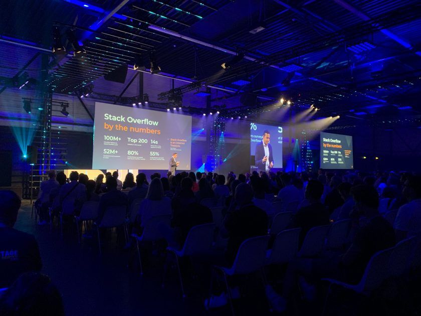 The Stack Overflow CEO Prashanth Chandrasekar speaking at a conference. 