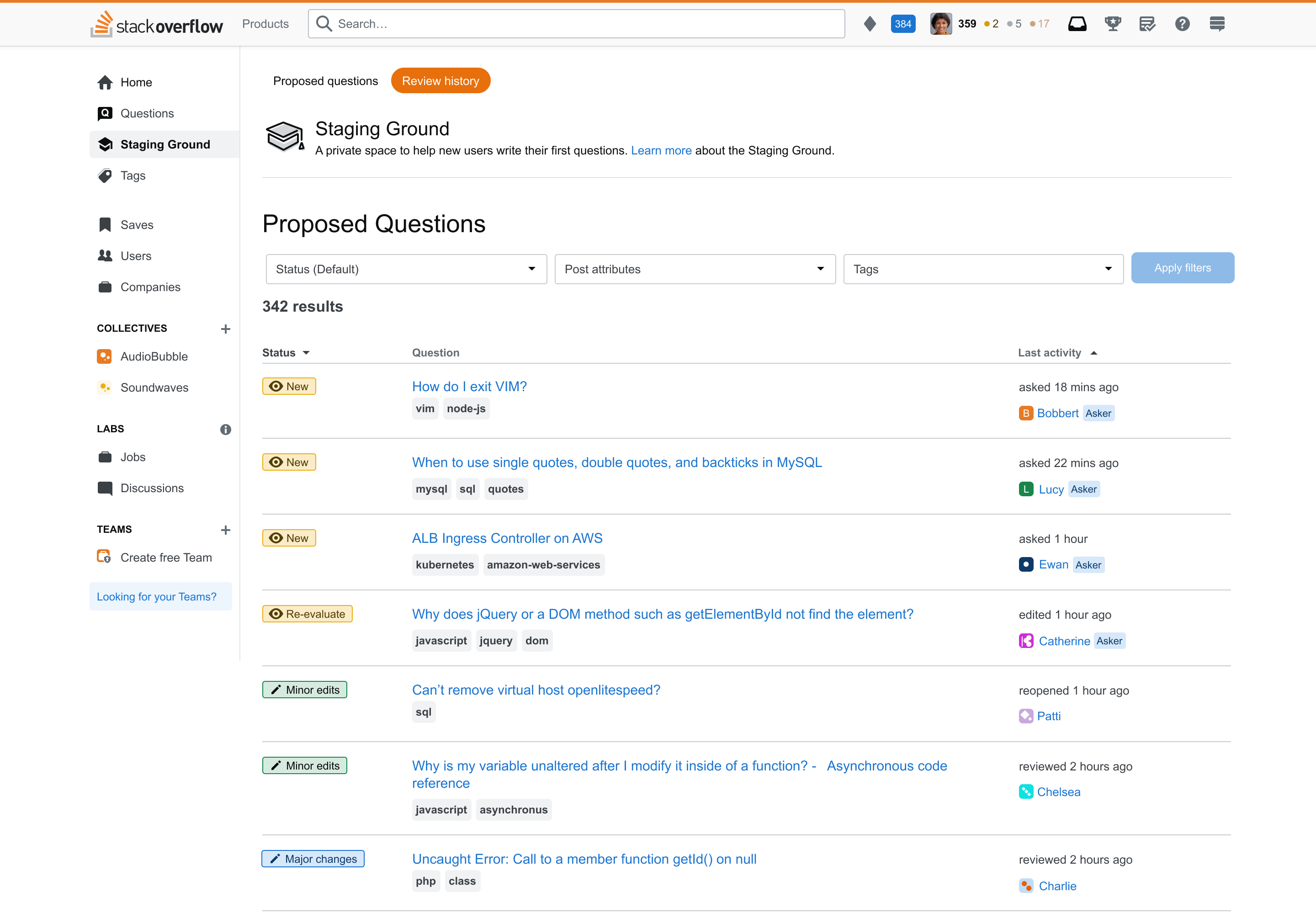 A screenshot of the Staging Ground home page on Stack Overflow displaying the Staging Ground icon on the left sidebar and Staging Ground inbox notifications.