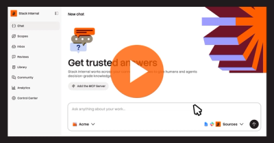 Screenshot of a "Stack Internal" chat interface with the text "Get trusted answers" and a large orange play button overlay.