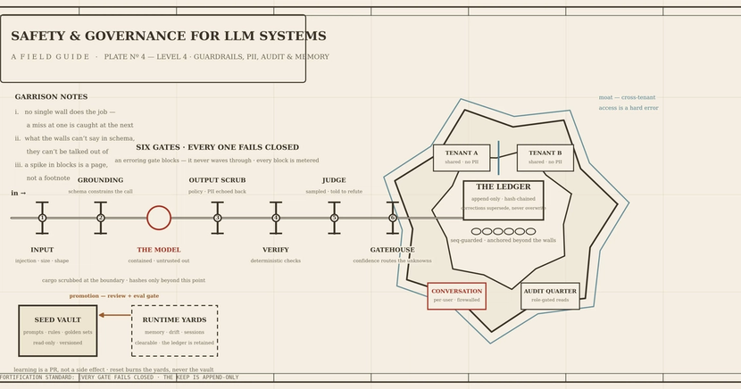 Diagram: 'Safety & Governance for LLM Systems - A Field Guide.' It shows a linear six-gate pipeline for LLM processing, which feeds into a layered architecture managing memory, tenant data, conversations, and auditing functions, all framed by security notes and data components.