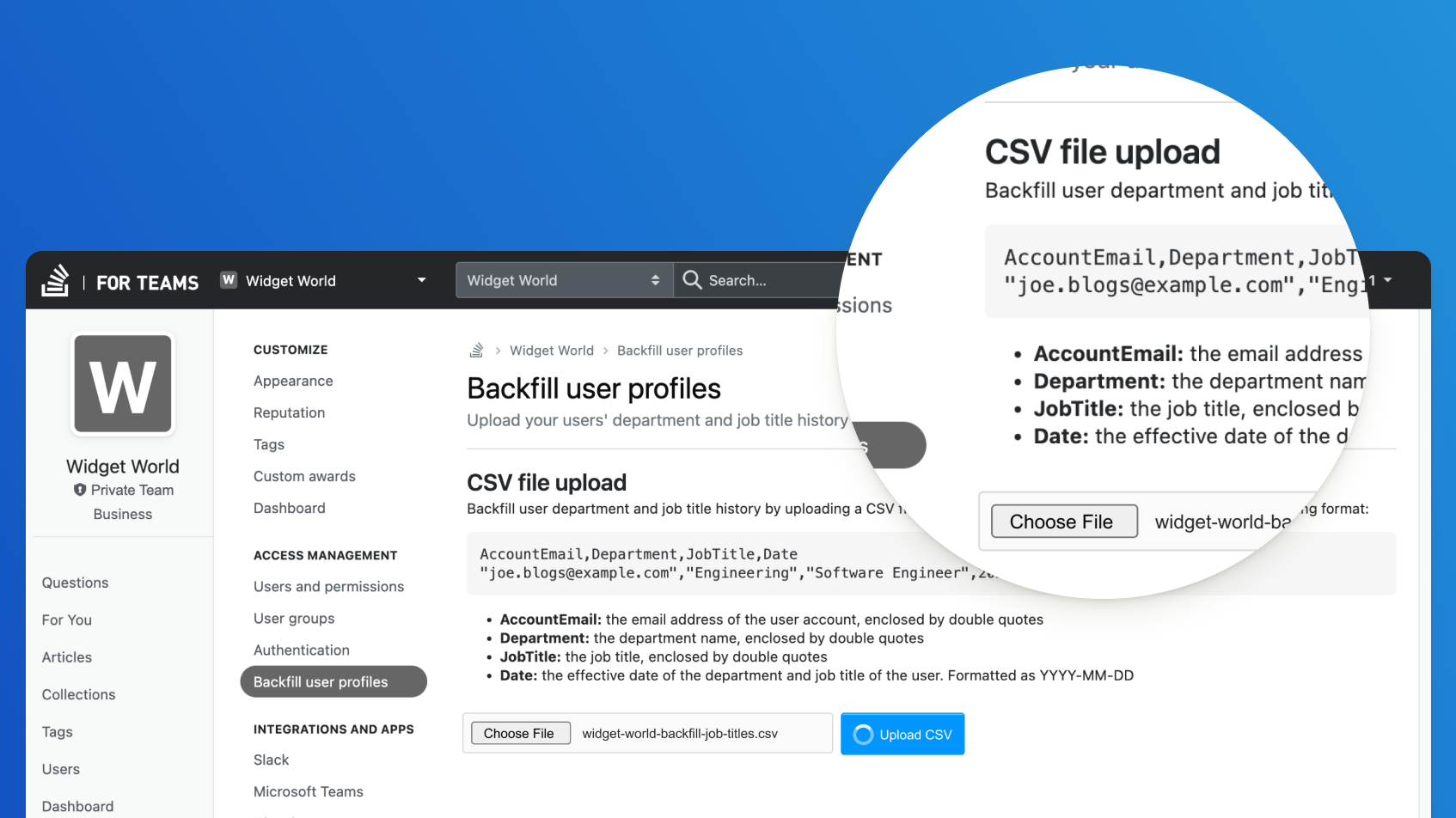 A screenshot of the "Backfill user profiles" section on the Widget World page within Stack Overflow for Teams. The interface allows users to upload a CSV file to update user department and job title history.