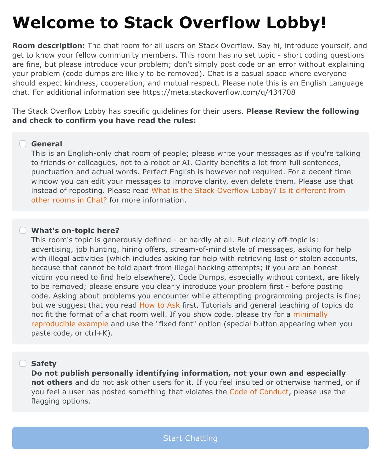 Example rules for the Stack Overflow chat lobby. 