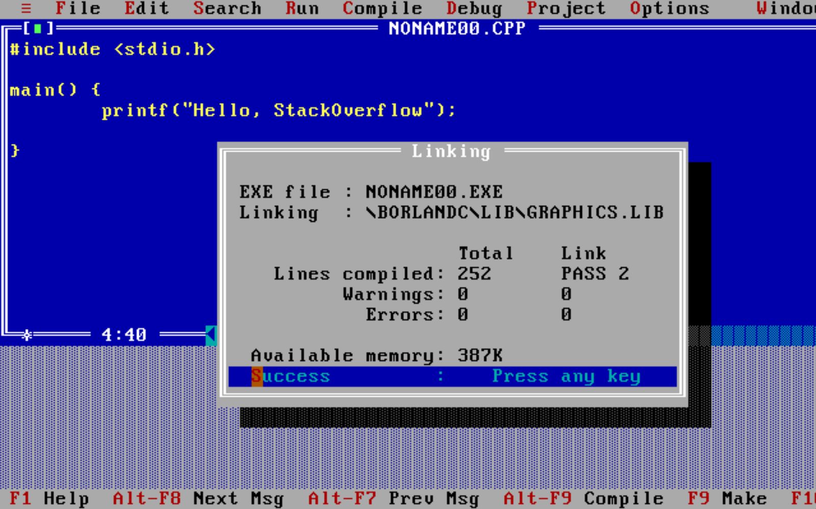 A screenshot of a coding environment, possibly Borland C++ IDE, showing a single program file named NONAME00.CPP. The program includes #include <stdio.h> and a main() function that prints "Hello, StackOverflow." The compilation process is successful with 0 warnings and 0 errors, and available memory is displayed as 387K. Various menus and shortcuts like "File," "Edit," and "Debug" are visible at the top.