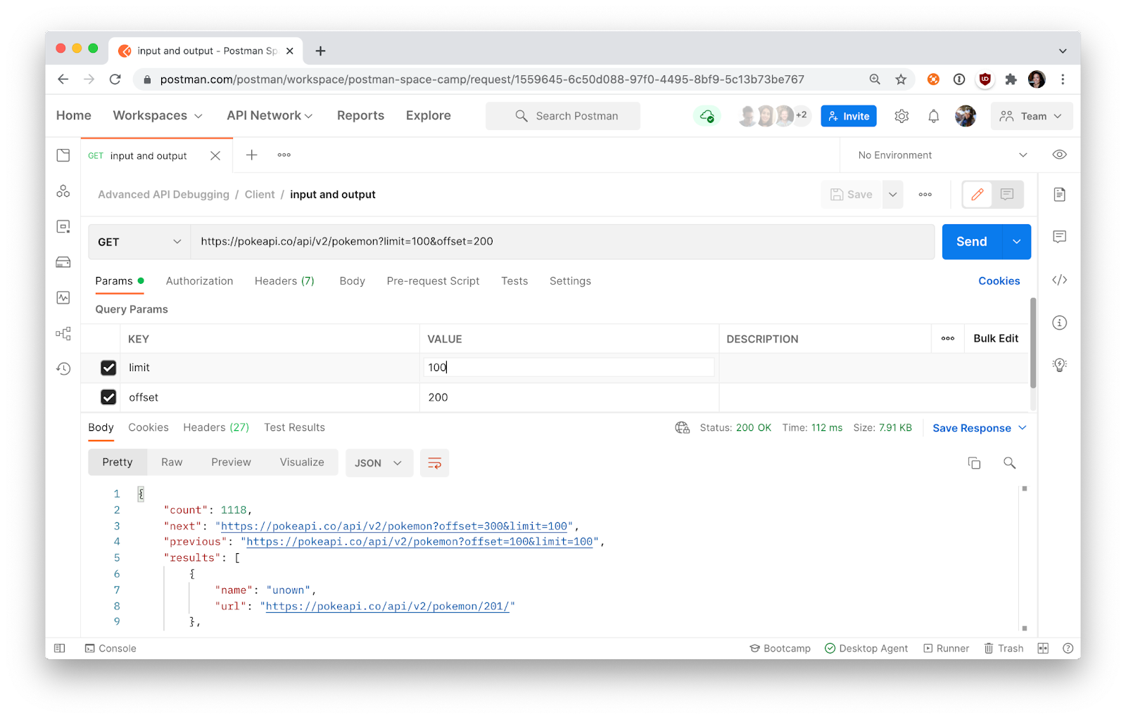 The Postman interface showing the results of a test API query. 