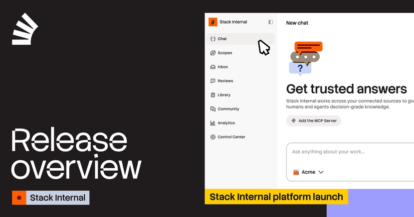Release overview for Stack Internal platform launch, showing the application's chat interface with "Get trusted answers".