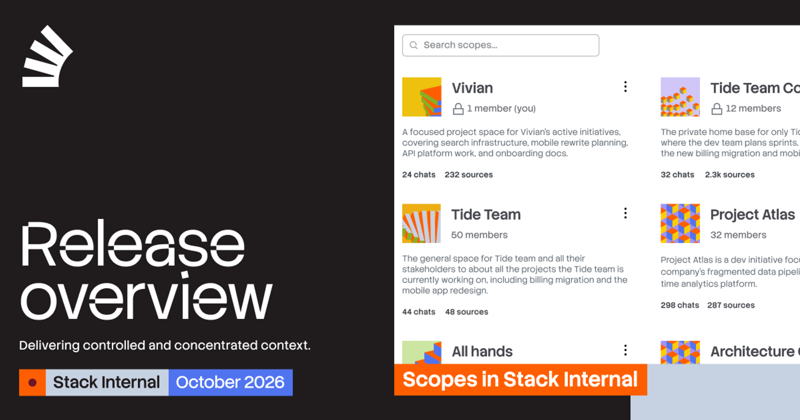 Presentation slide for "Stack Internal October 2026 Release overview" showing an app interface with multiple project scopes like "Vivian" and "Tide Team".