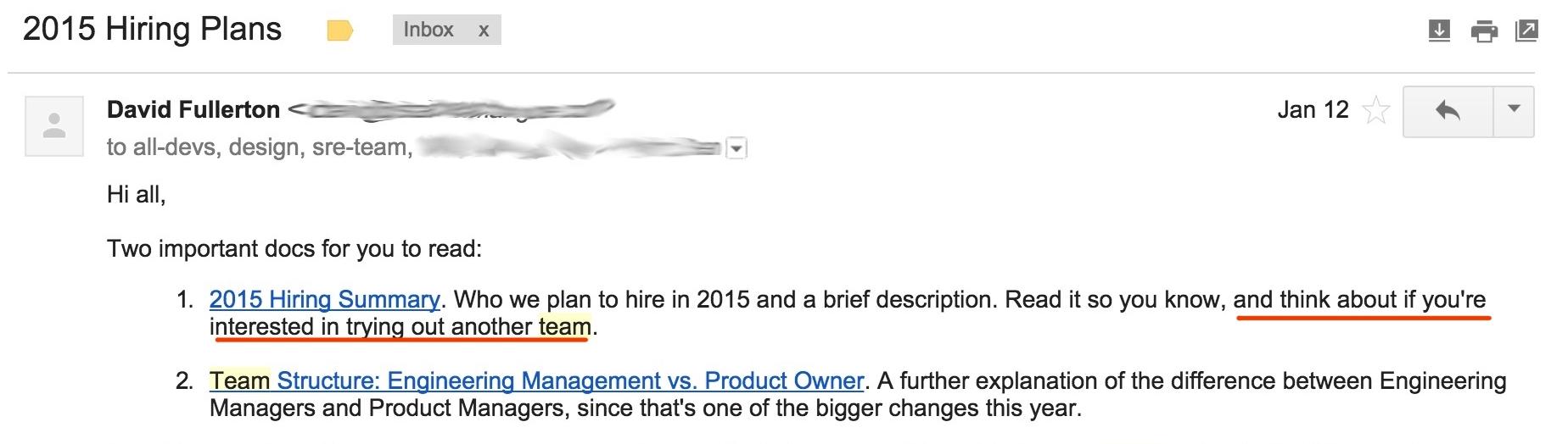 David's E-mail about hiring plans