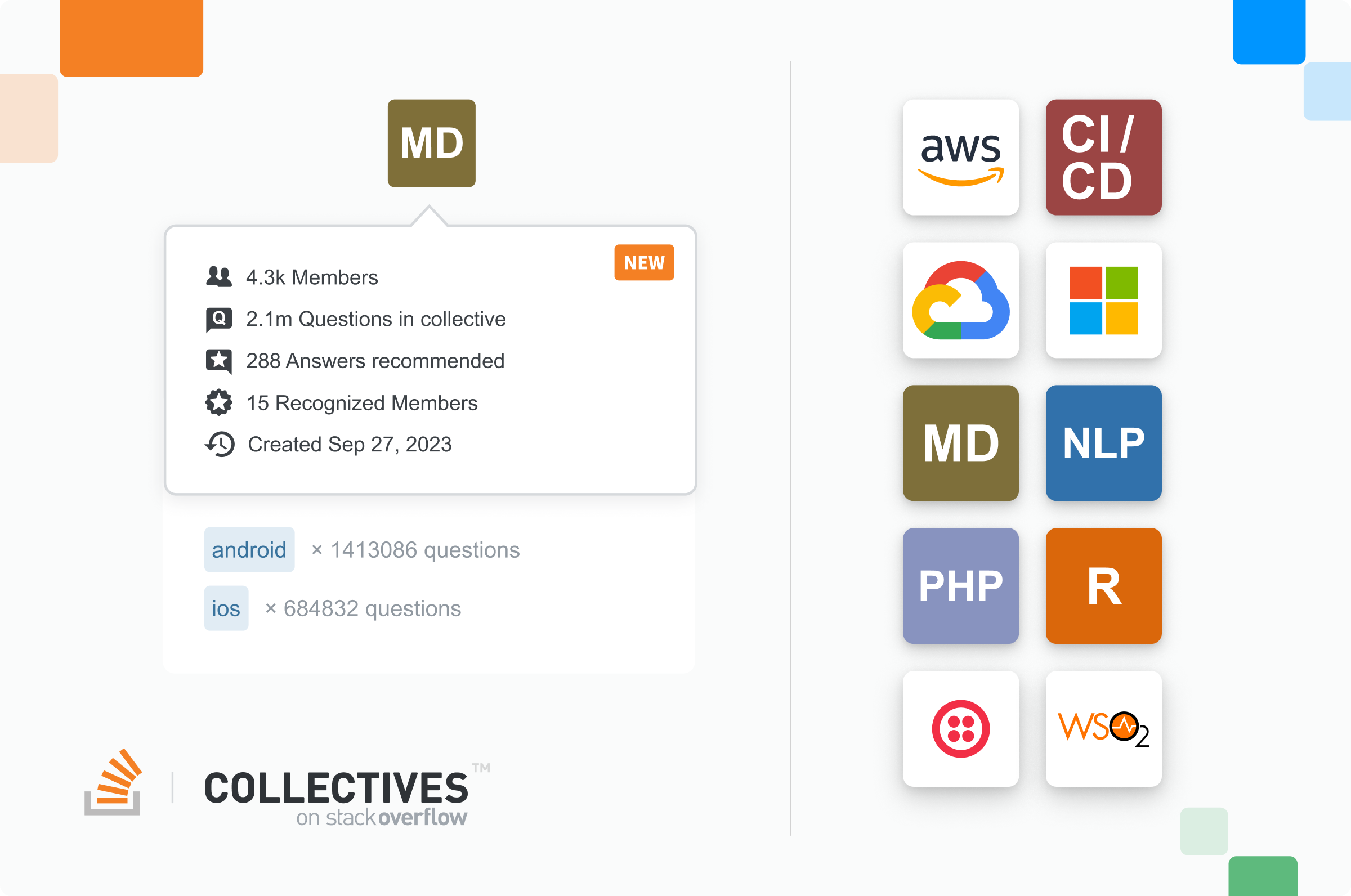Highlights the Collectives on Stack overflow, including AWS, Google Cloud, Twilio, CI/CD, NLP, and more.