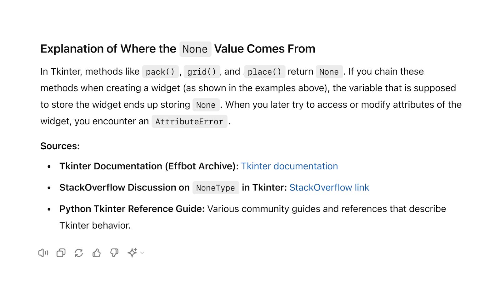 The image displays an example of Stack Overflow content attributed in ChatGPT by OpenAI when the user prompts for "Examples of Where the 'None' Value Comes from