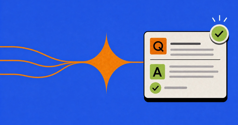 Three orange lines merge into a star, connecting to a Q&A card with a successful green checkmark.