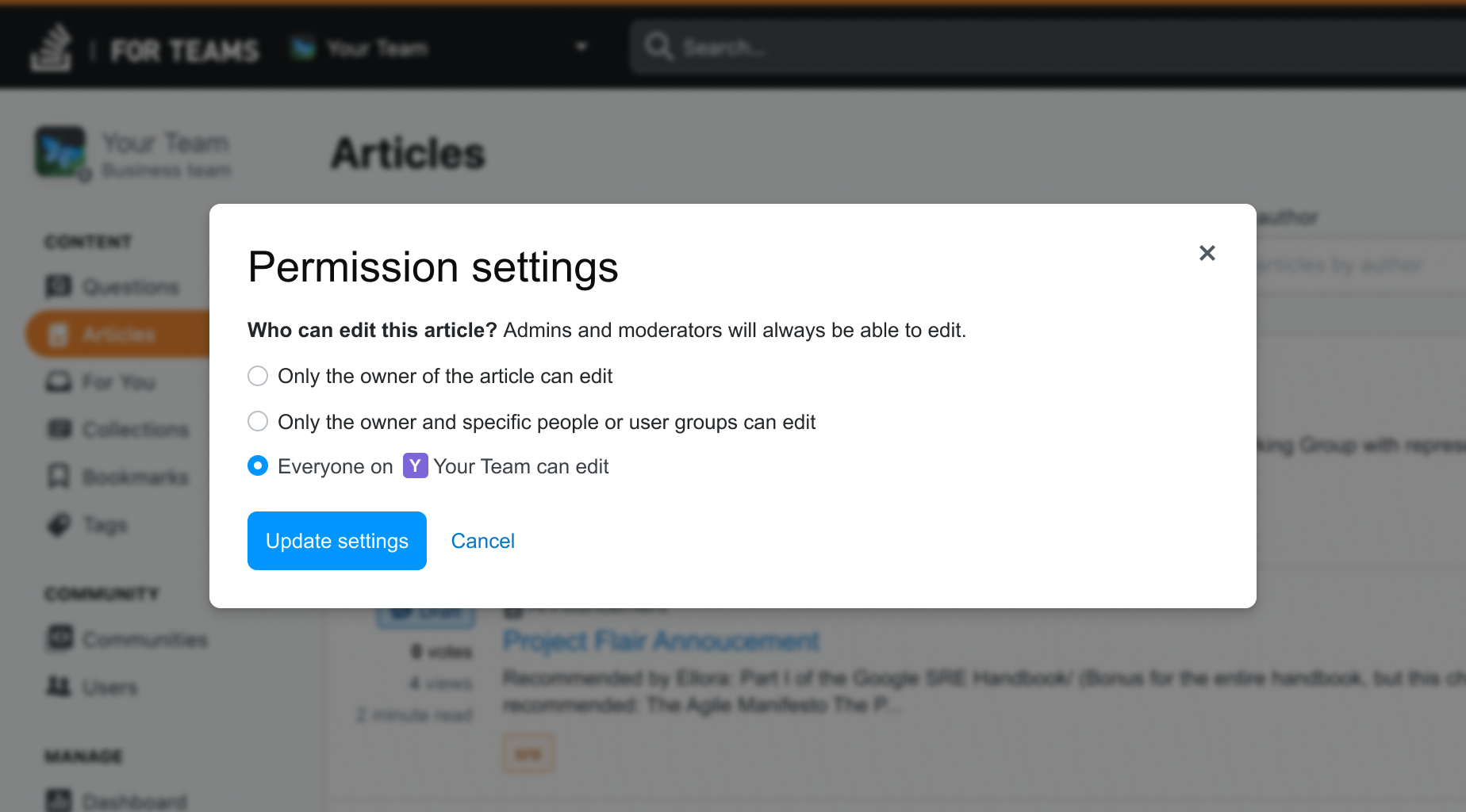 Screenshot of the Article permissions modal.